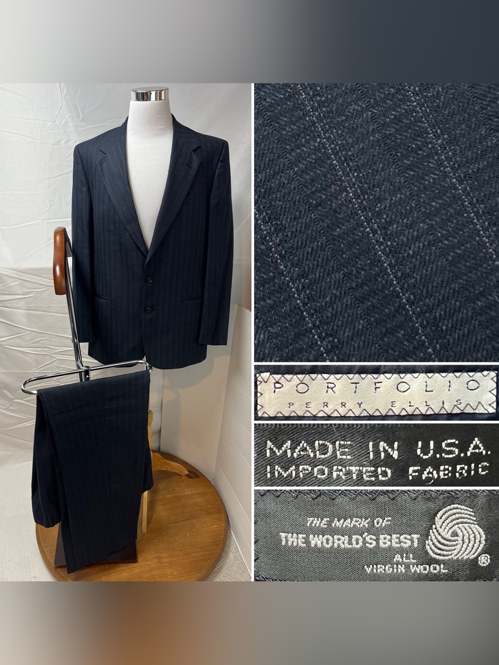 Perry Ellis Vintage Men's 44L Blazer 38x34 Pants Navy Blue Pinstripe Wool Suit